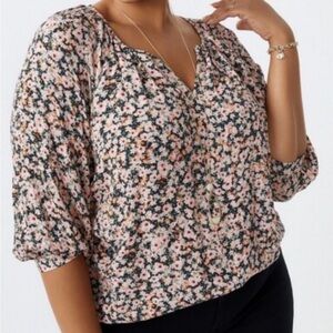 Maurices Pink Green Ditsy Floral Peasant Blouse Womens XXL Tunic 3/4 Sleeve